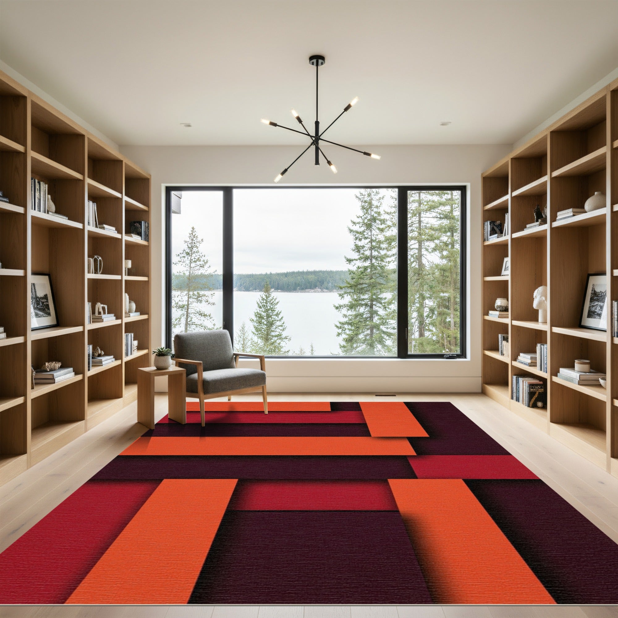 Bold Geometric Orange and Crimson Blocks Rug