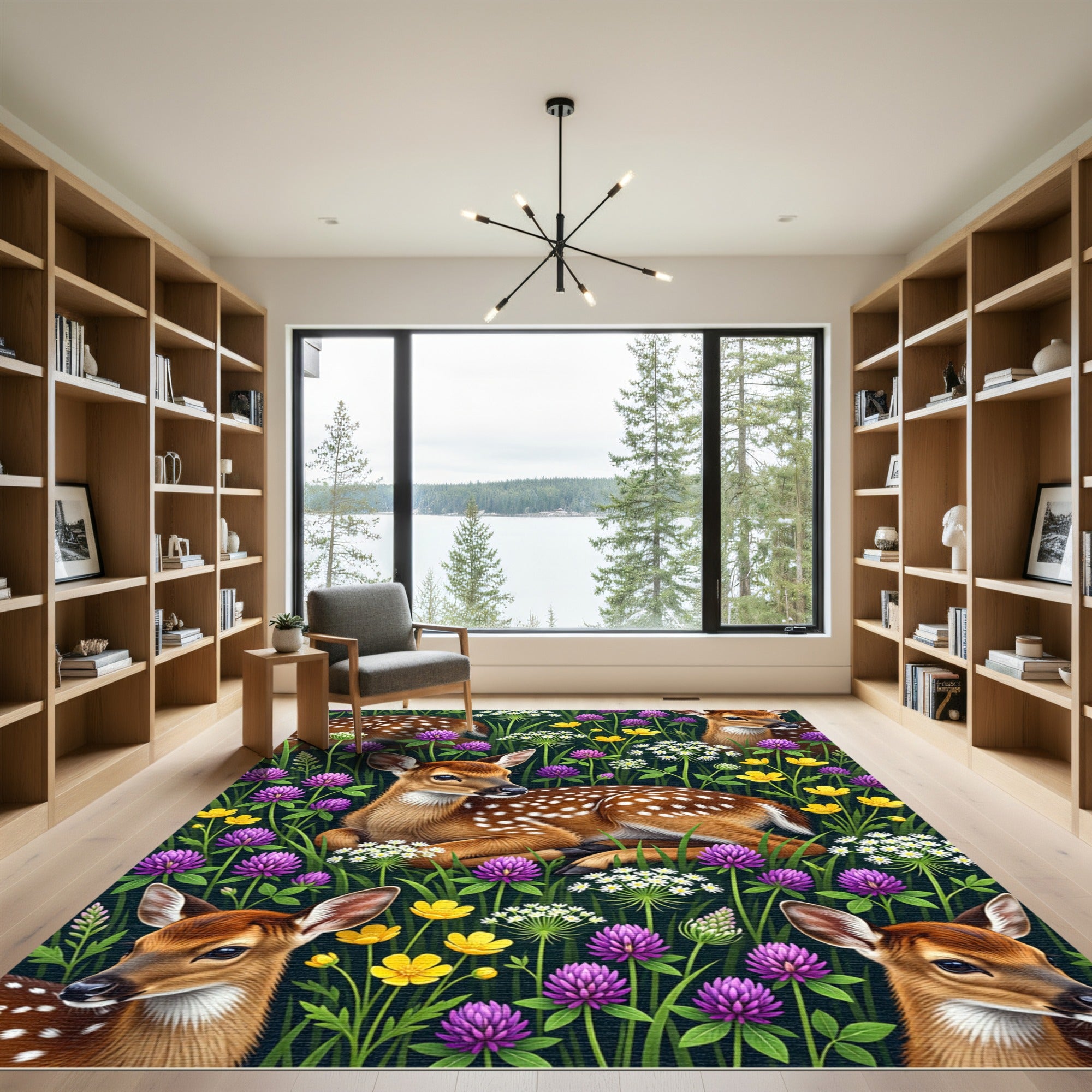 Whimsical Fawn Meadow Floral Tapestry Rug