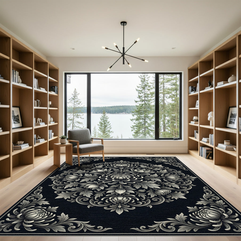 Black Gray Floral Scrollwork Medallion Rug