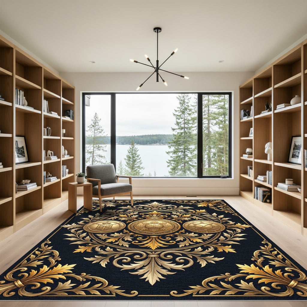 Regal Gold Baroque Crown Medallion Rug
