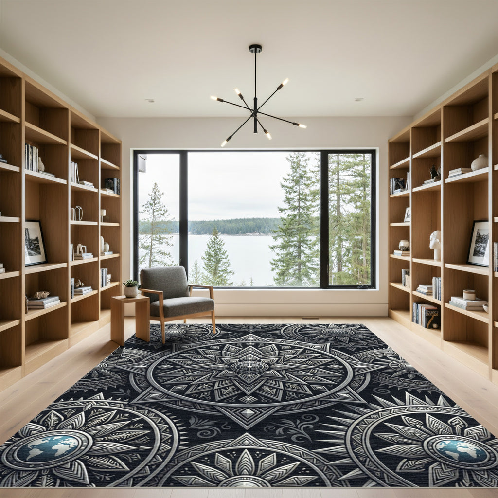Metallic Silver Celestial Mandala Medallion Rug