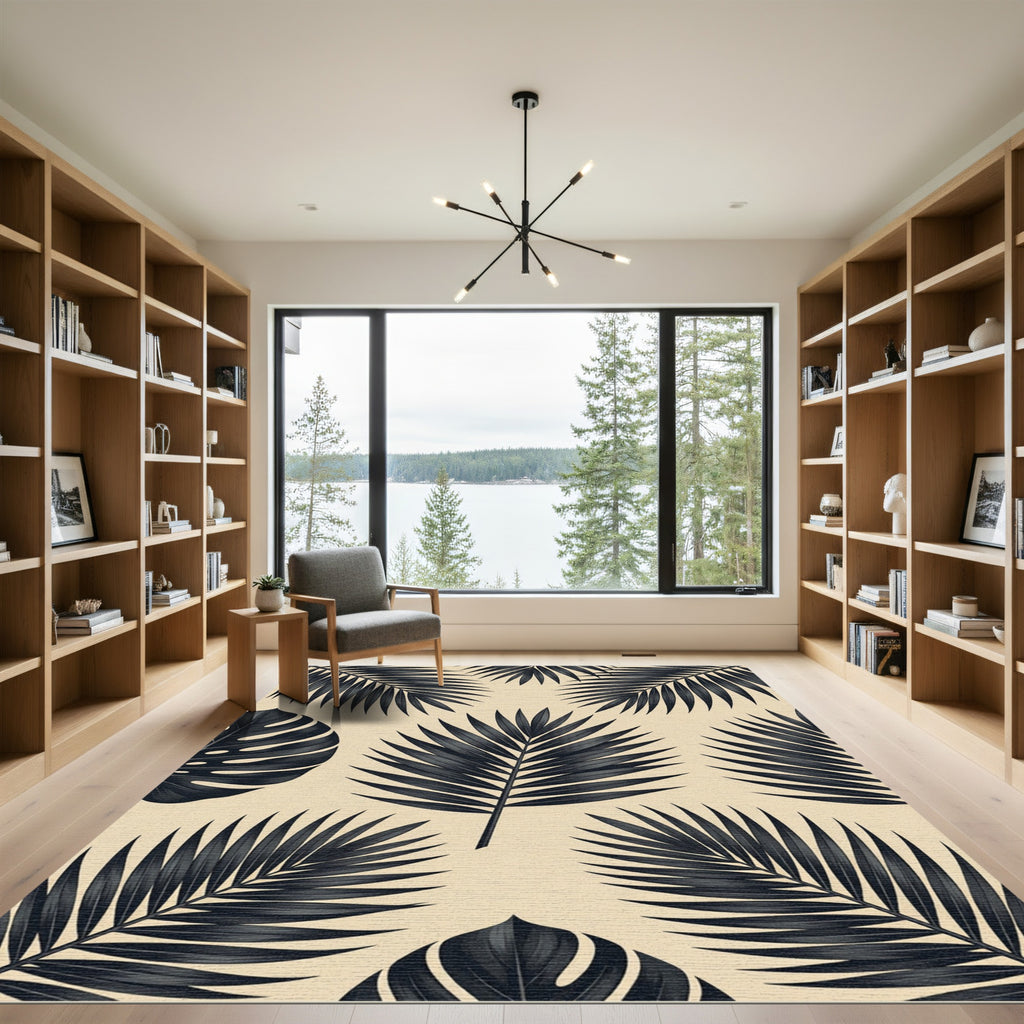 Minimalist Black Tropical Leaves on Beige Rug