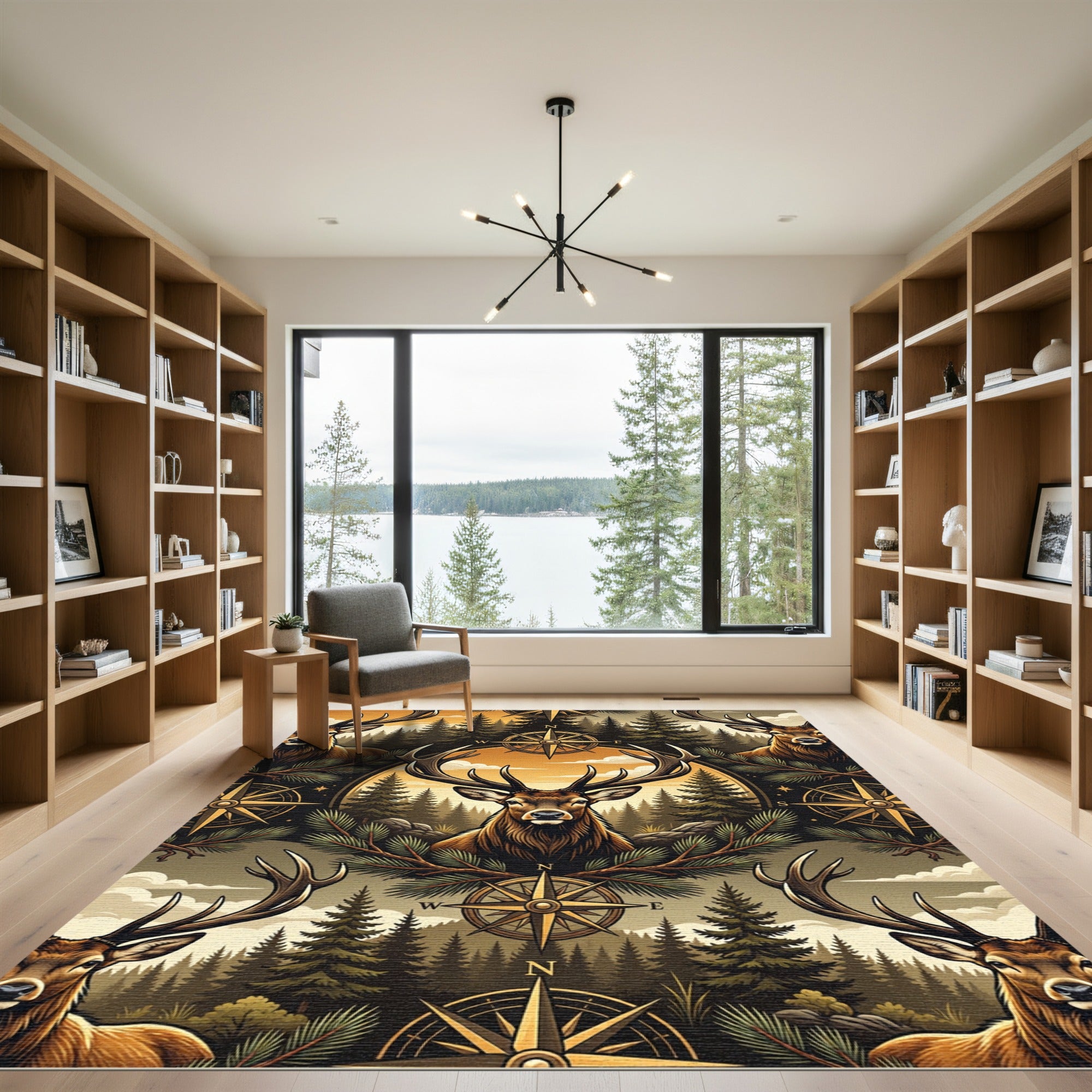 Rustic Golden Forest Elk Compass Rug