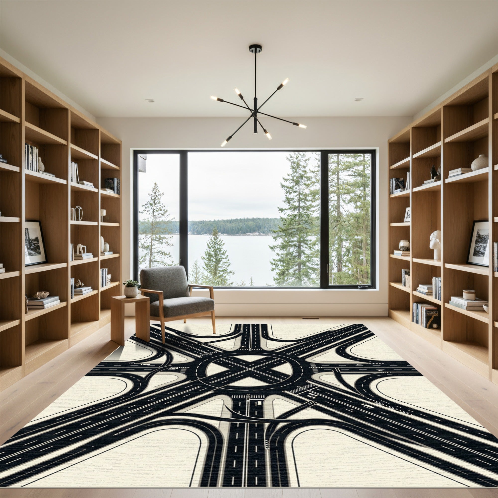 Modern Black and White Intersection Grid Rug