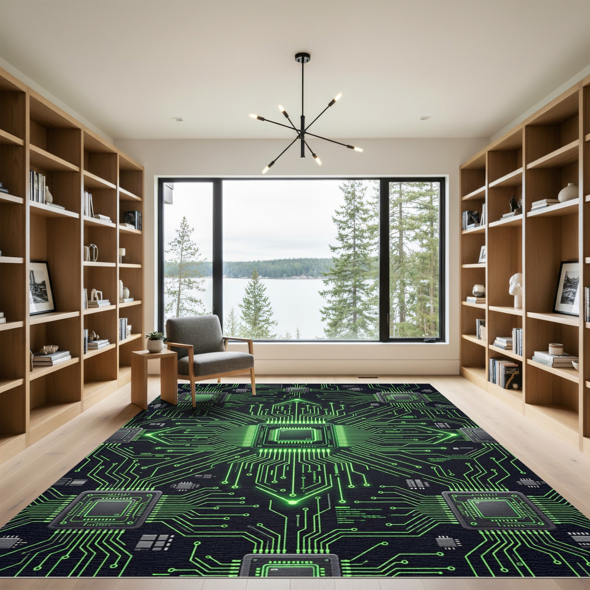 Neon Green Cyber Circuit Grid Rug