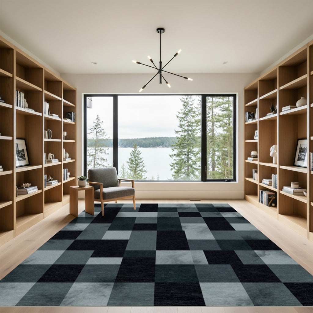 Modern Charcoal Monochrome Geometric Grid Rug