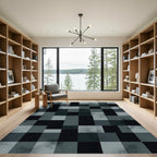 Modern Charcoal Monochrome Geometric Grid Rug