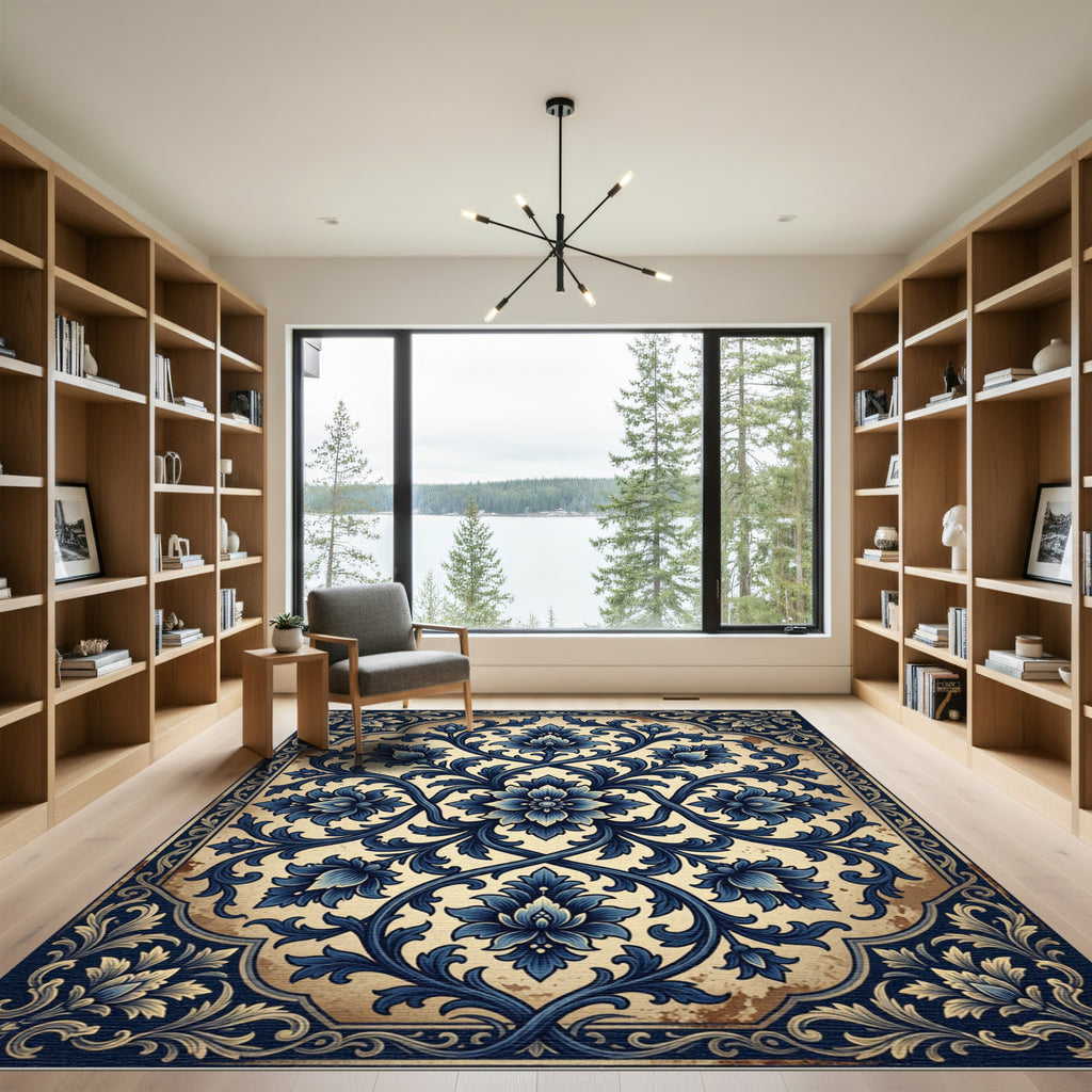 Elegant Navy Floral Damask Scroll Rug