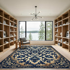 Elegant Navy Floral Damask Scroll Rug