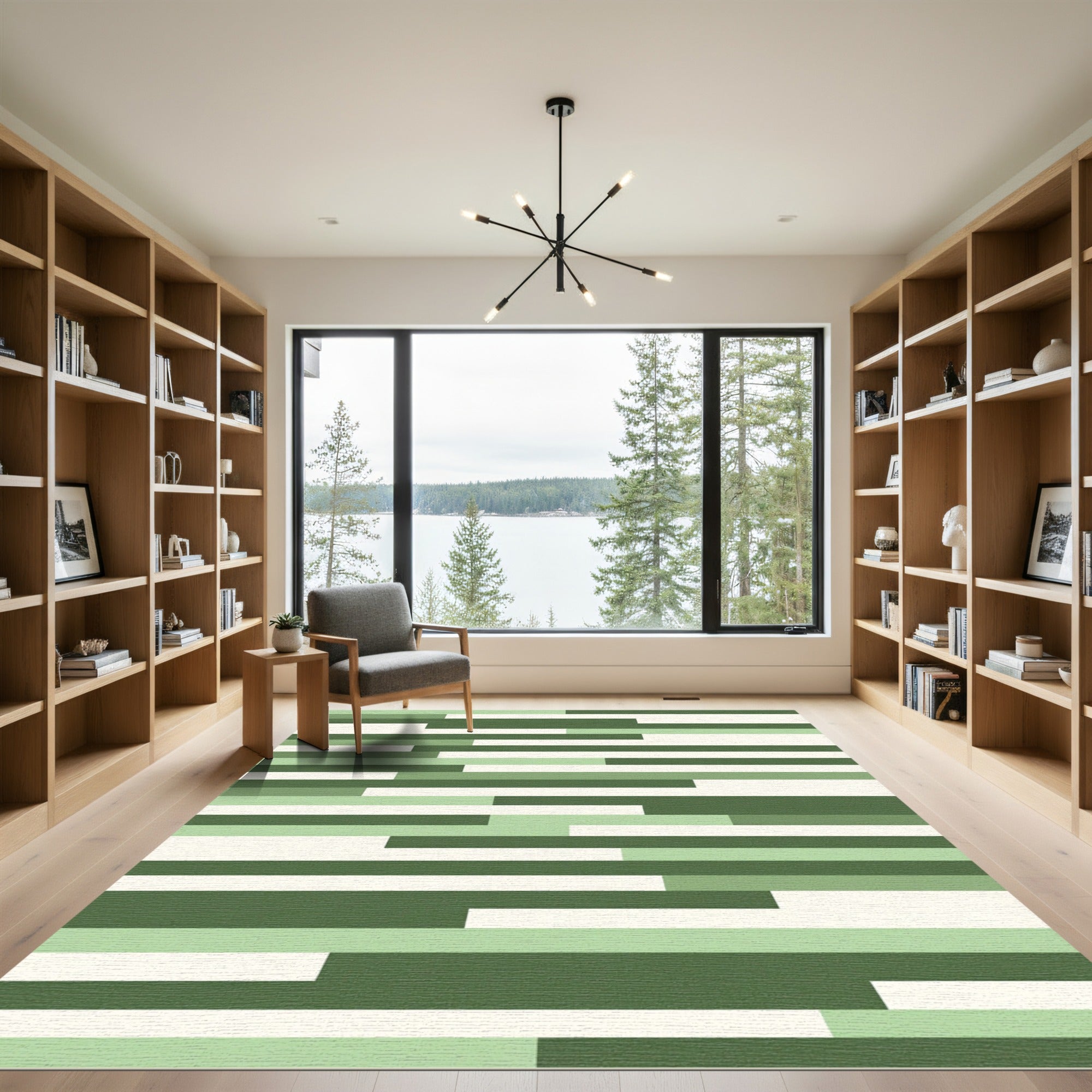 Modern Linear Sage Olive Abstract Rug