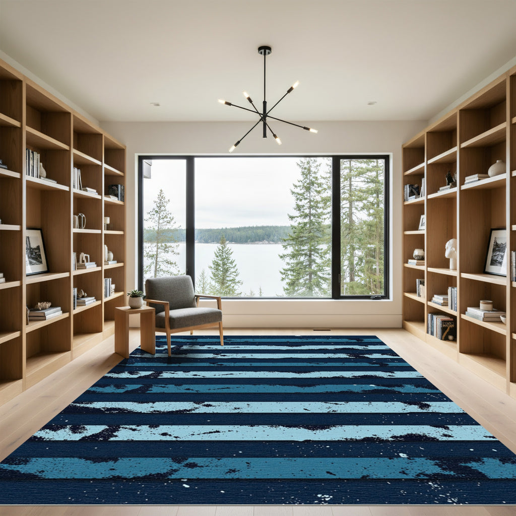 Distressed Navy and Teal Coastal Stripe Rug