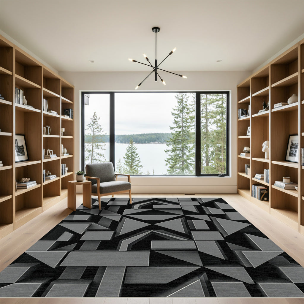 Modern Architectural Charcoal 3D Geometric Rug