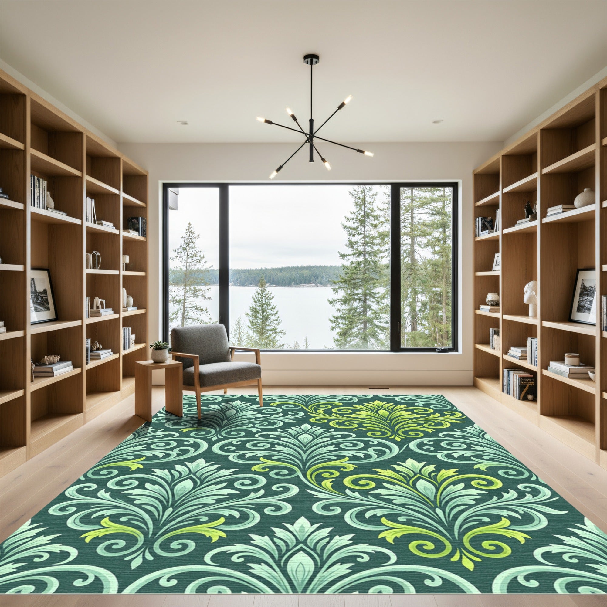 Teal Green Yellow Floral Scroll Rug