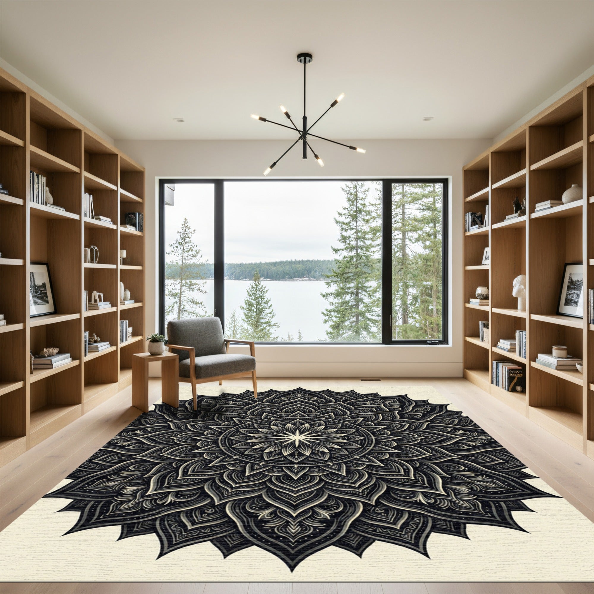 Ornate Charcoal Monochrome Floral Mandala Rug