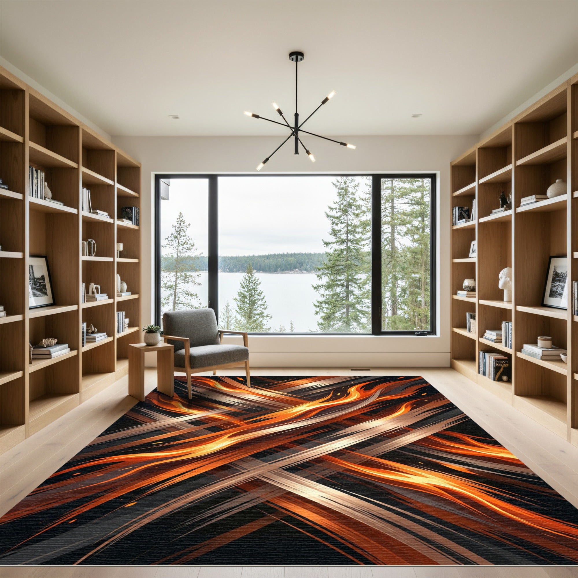 Fiery Orange Abstract Crossed Flame Rug