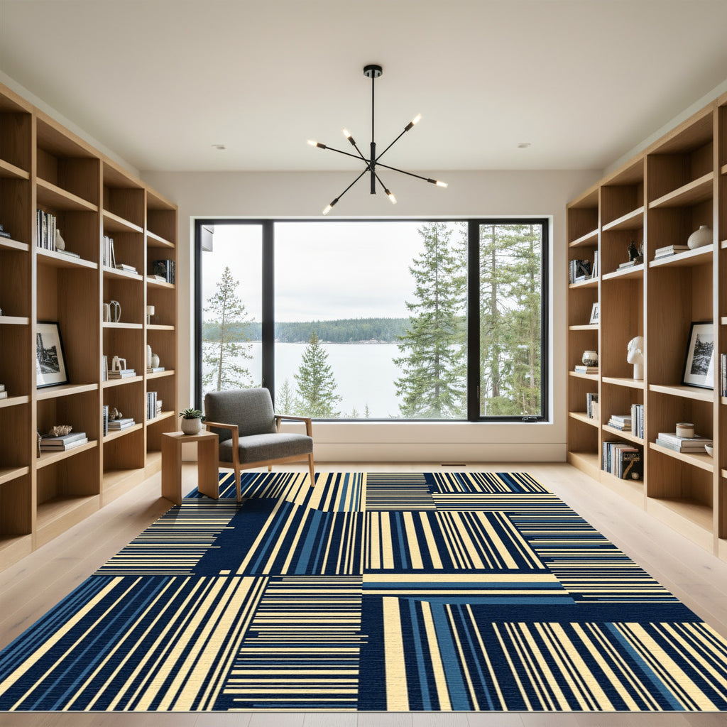 Modern Navy and Cream Vertical Striped Abstract Rug