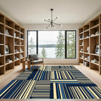Modern Navy and Cream Vertical Striped Abstract Rug