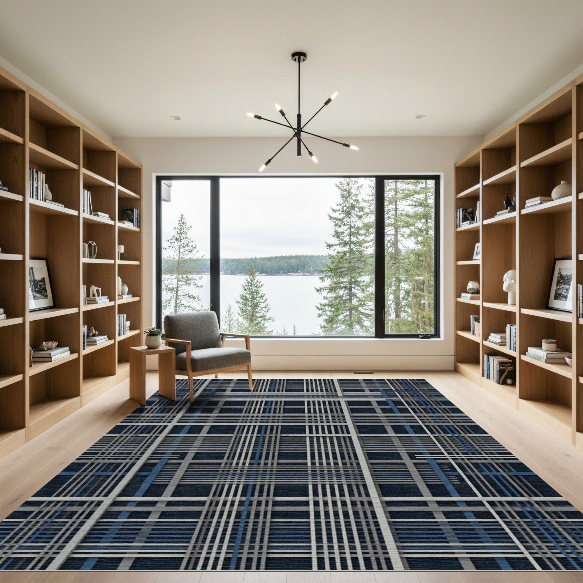 Modern Navy and Gray Linear Plaid Rug