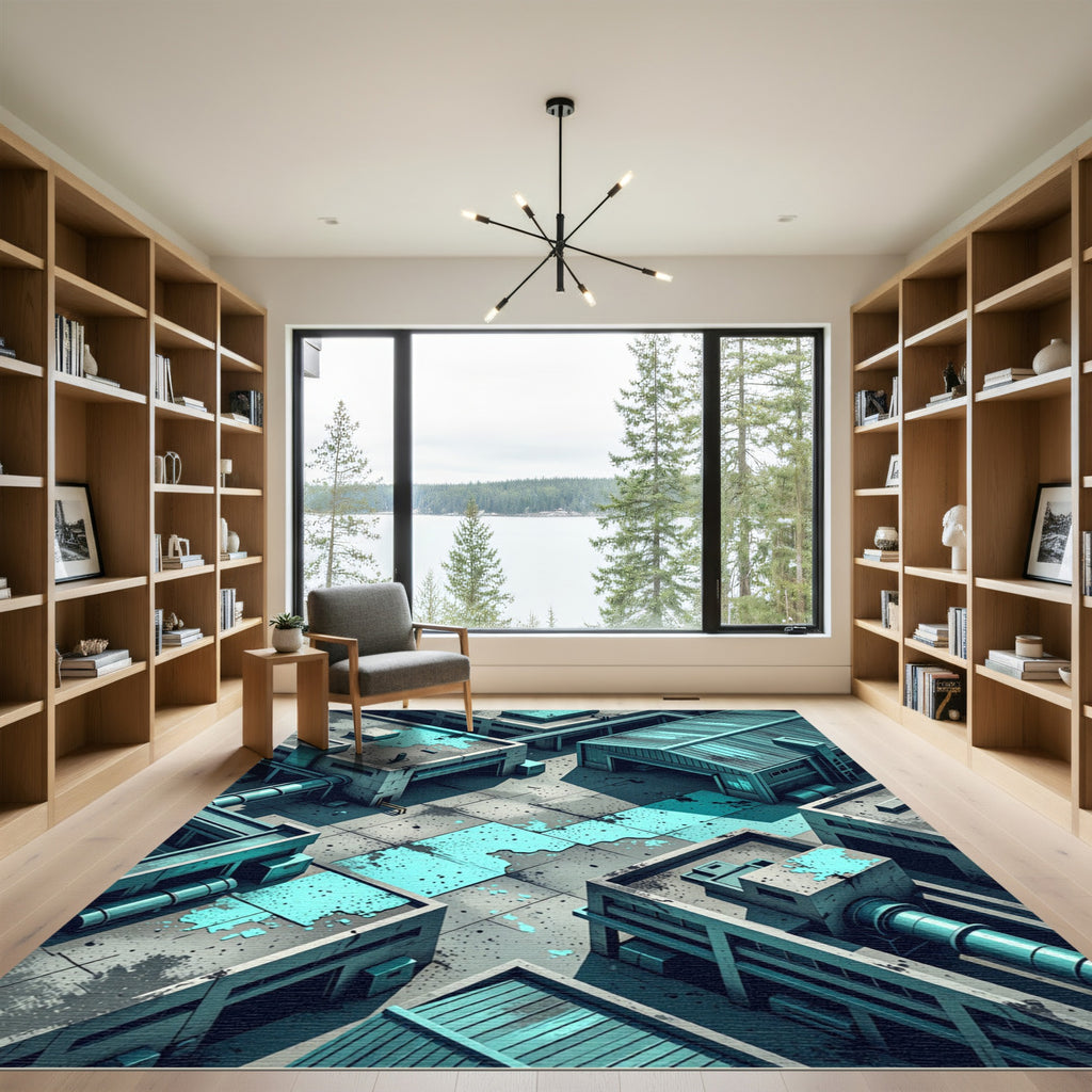 Industrial Aqua Splatter Geometric Landscape Rug