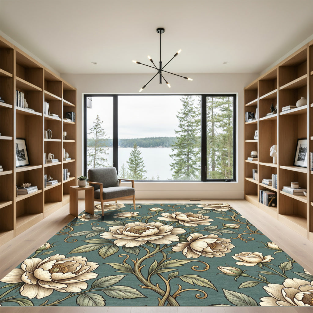 Vintage Sage Floral Peony Scroll Rug