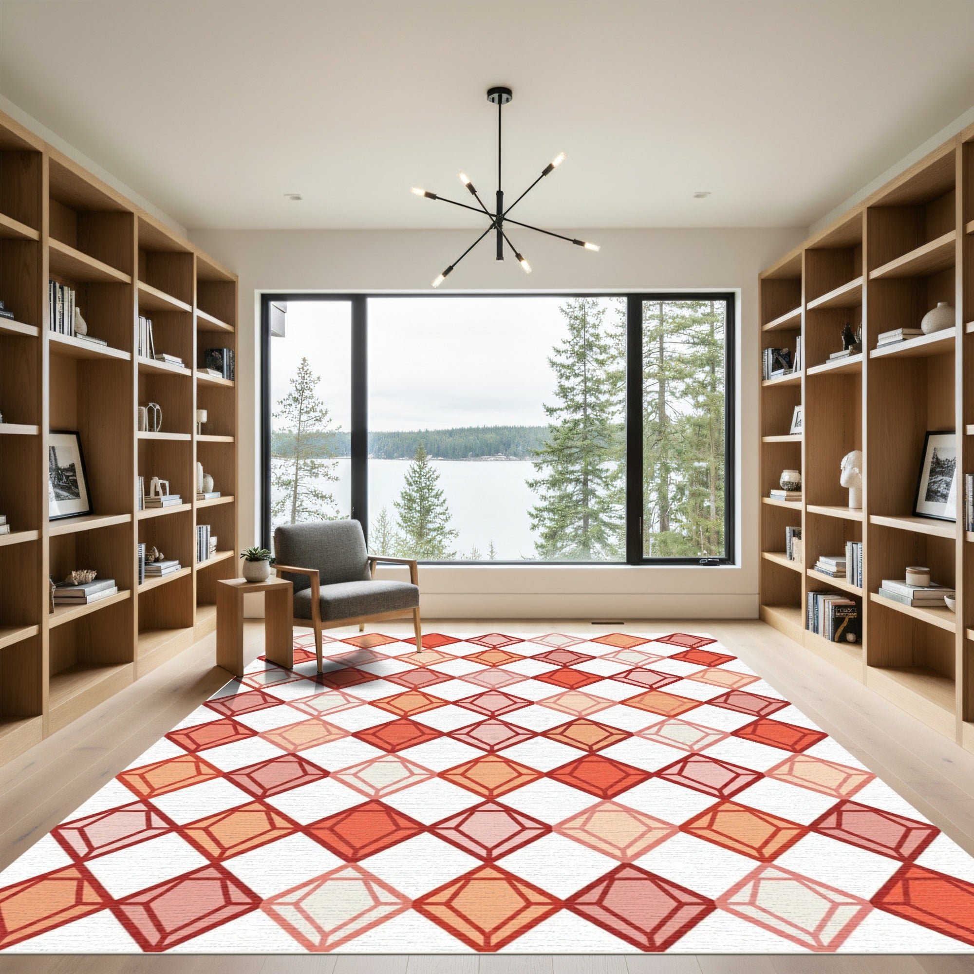 Geometric Coral Diamond Grid Rug
