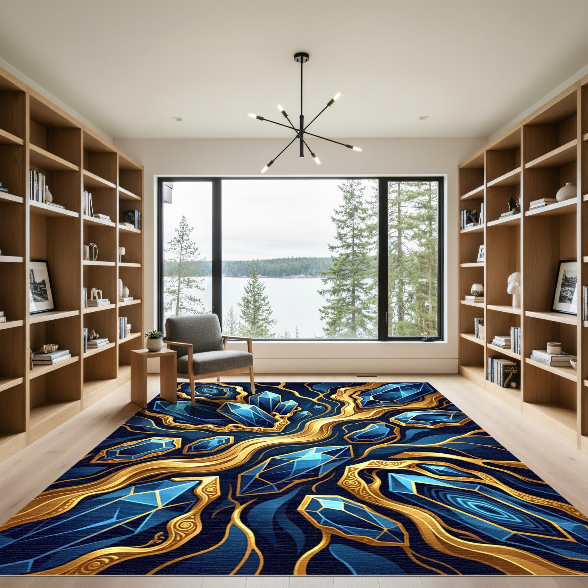 Elegant Sapphire Crystal Golden Vein Art Rug