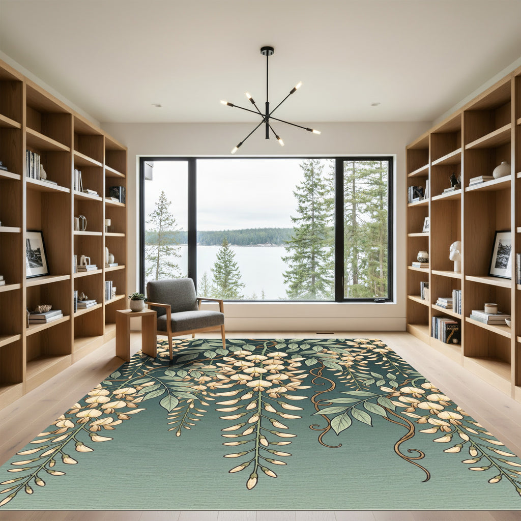 Ethereal Cream Wisteria Floral Sage Gradient Rug
