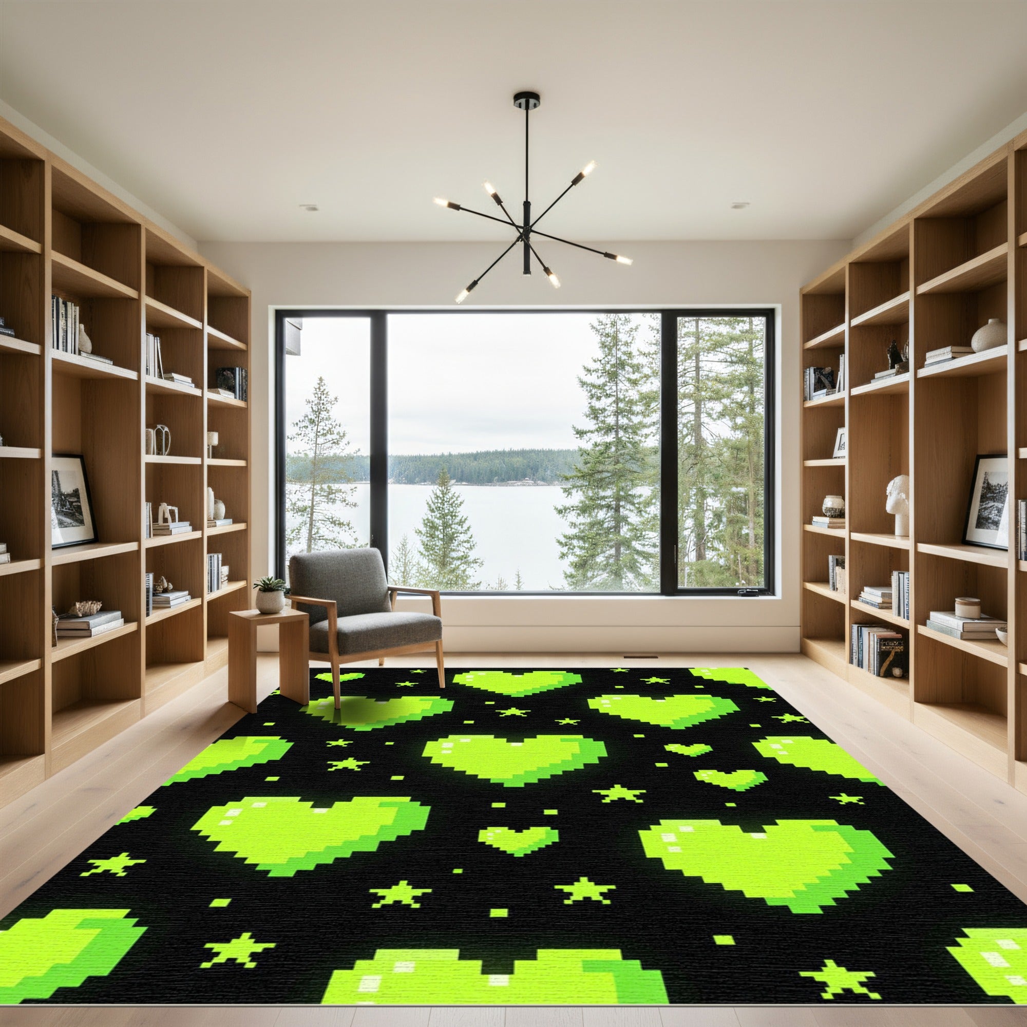 Neon Lime Pixelated Hearts and Stars Rug