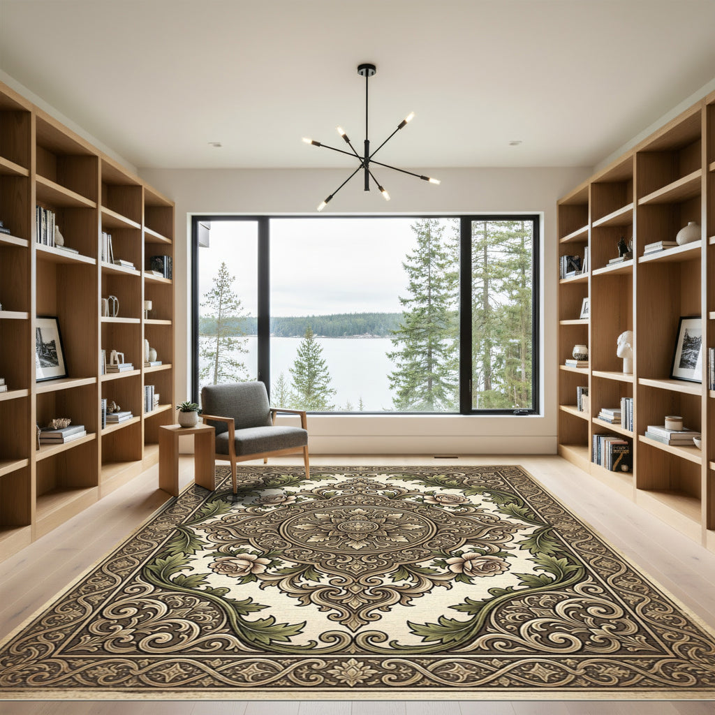 Ornate Floral Medallion Ivory and Green Rug