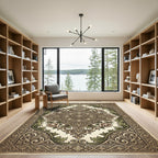 Ornate Floral Medallion Ivory and Green Rug