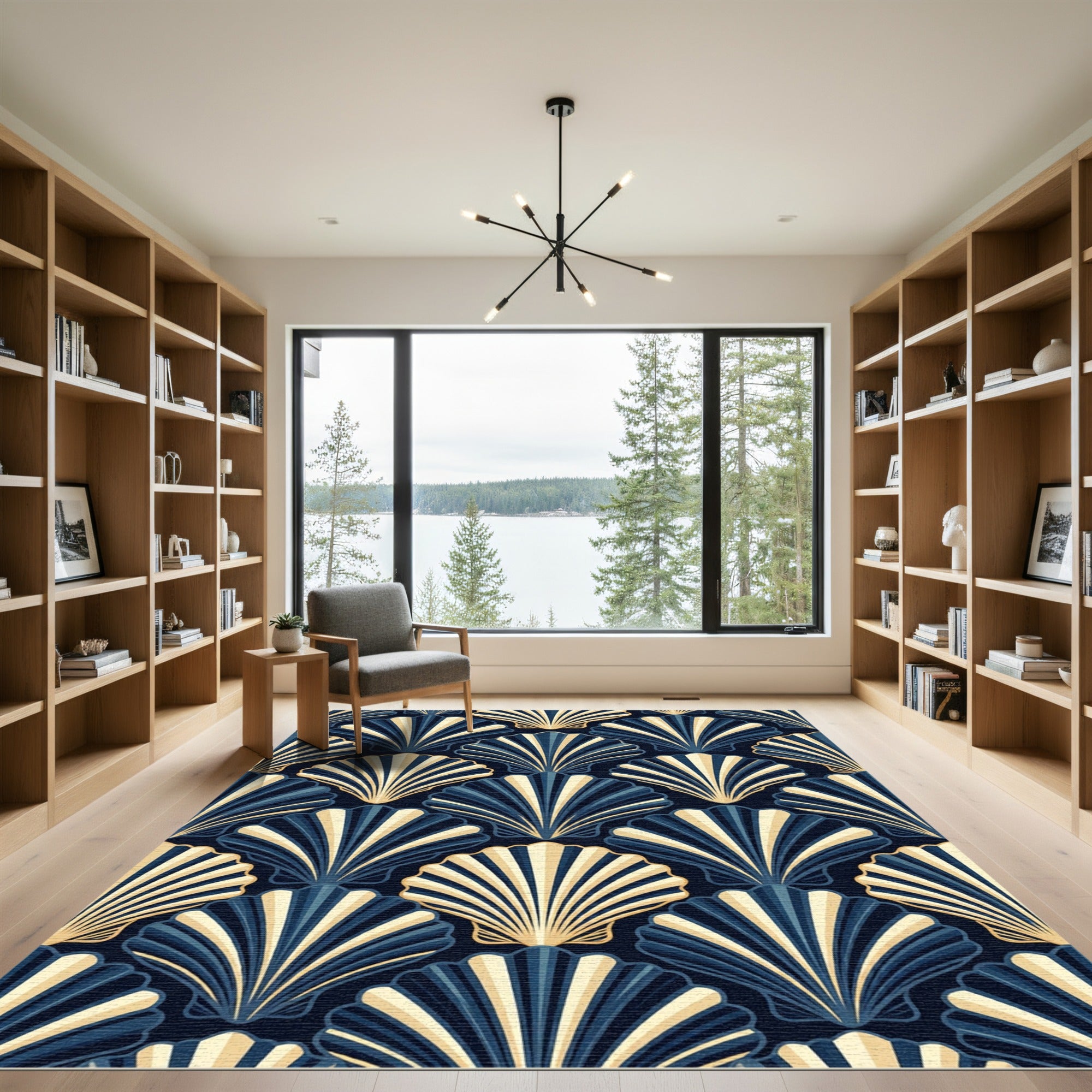 Art Deco Navy Shell Fan Rug