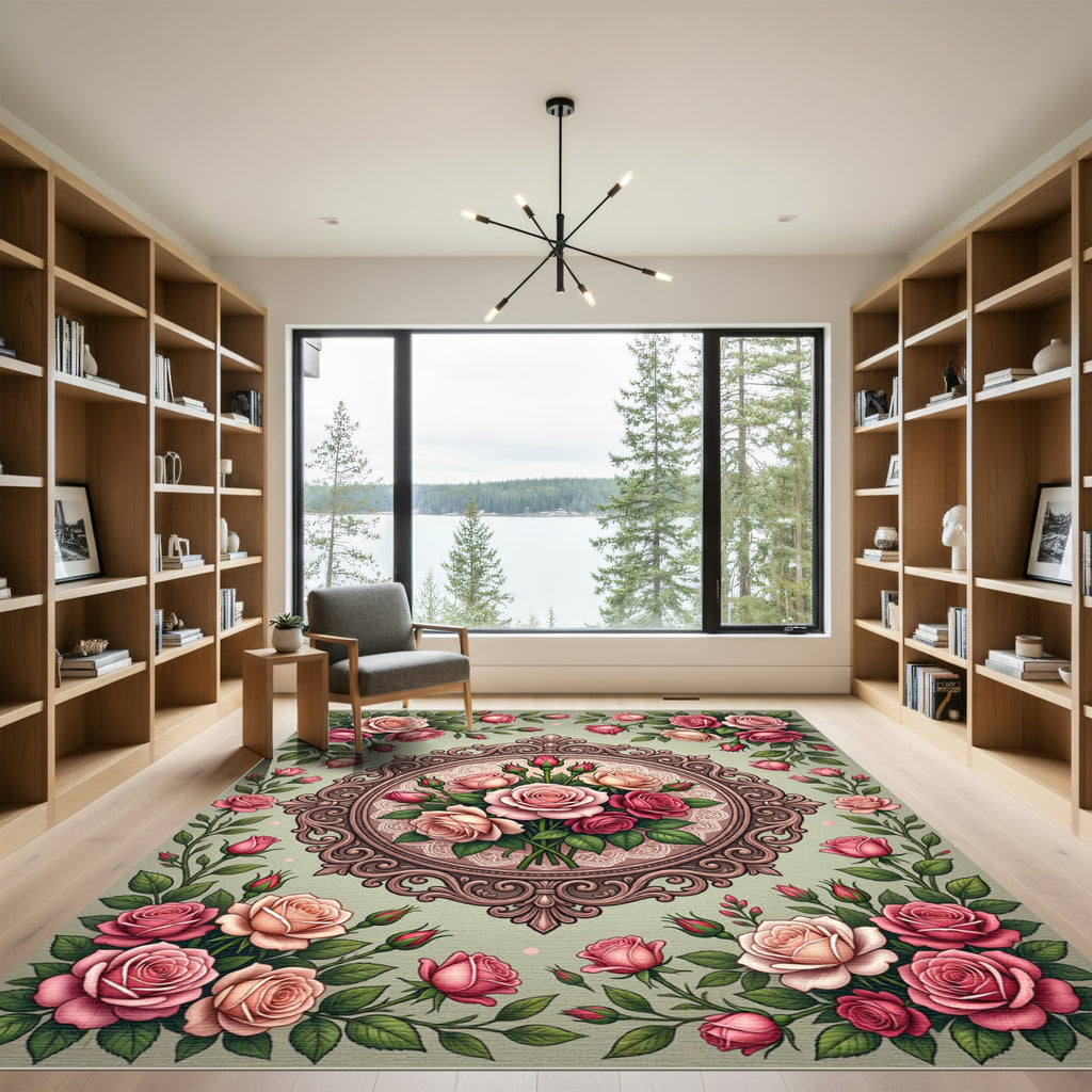 Ornate Pink Rose Garland Medallion Rug