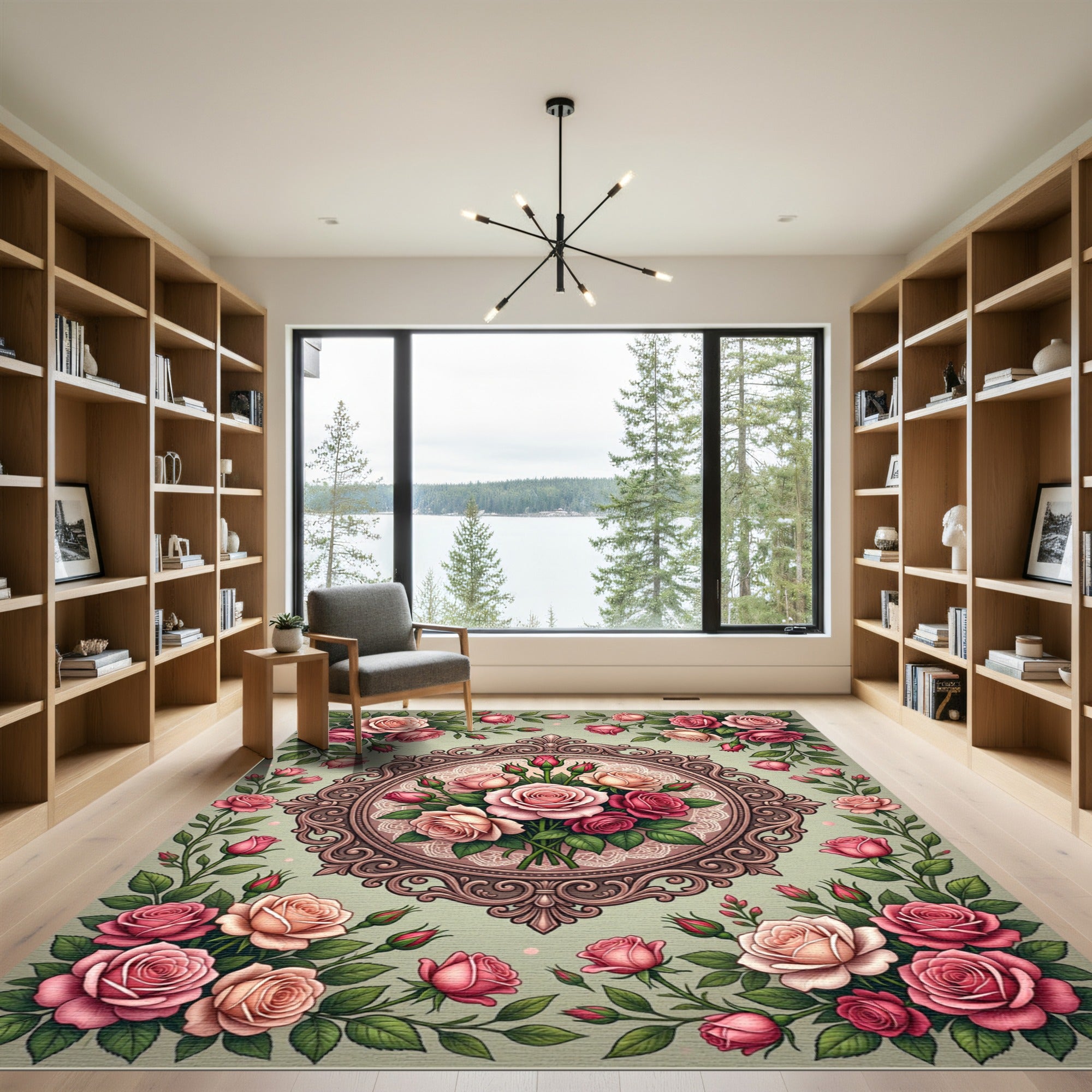 Ornate Pink Rose Garland Medallion Rug