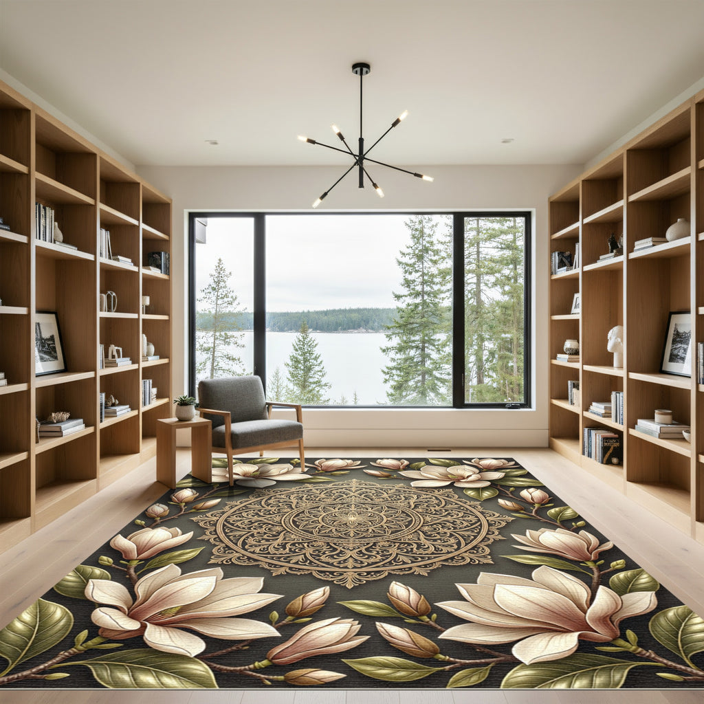 Elegant Floral Magnolia Gold Mandala Rug