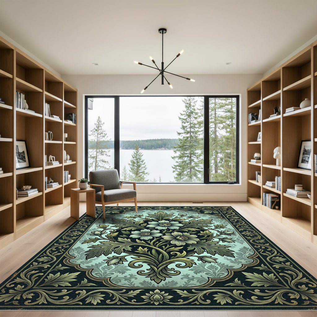 Ornate Sage Floral Damask Medallion Rug