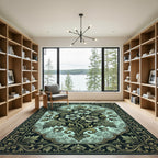Ornate Sage Floral Damask Medallion Rug