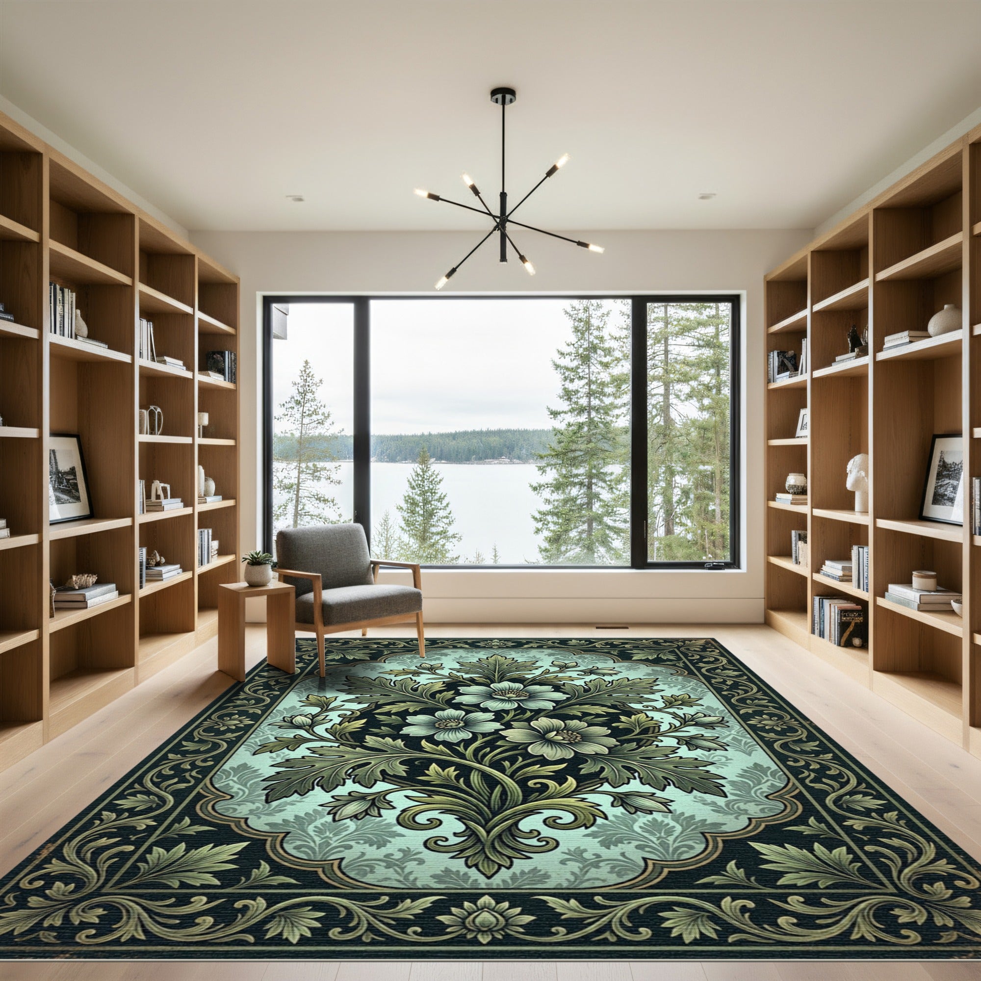 Ornate Sage Floral Damask Medallion Rug