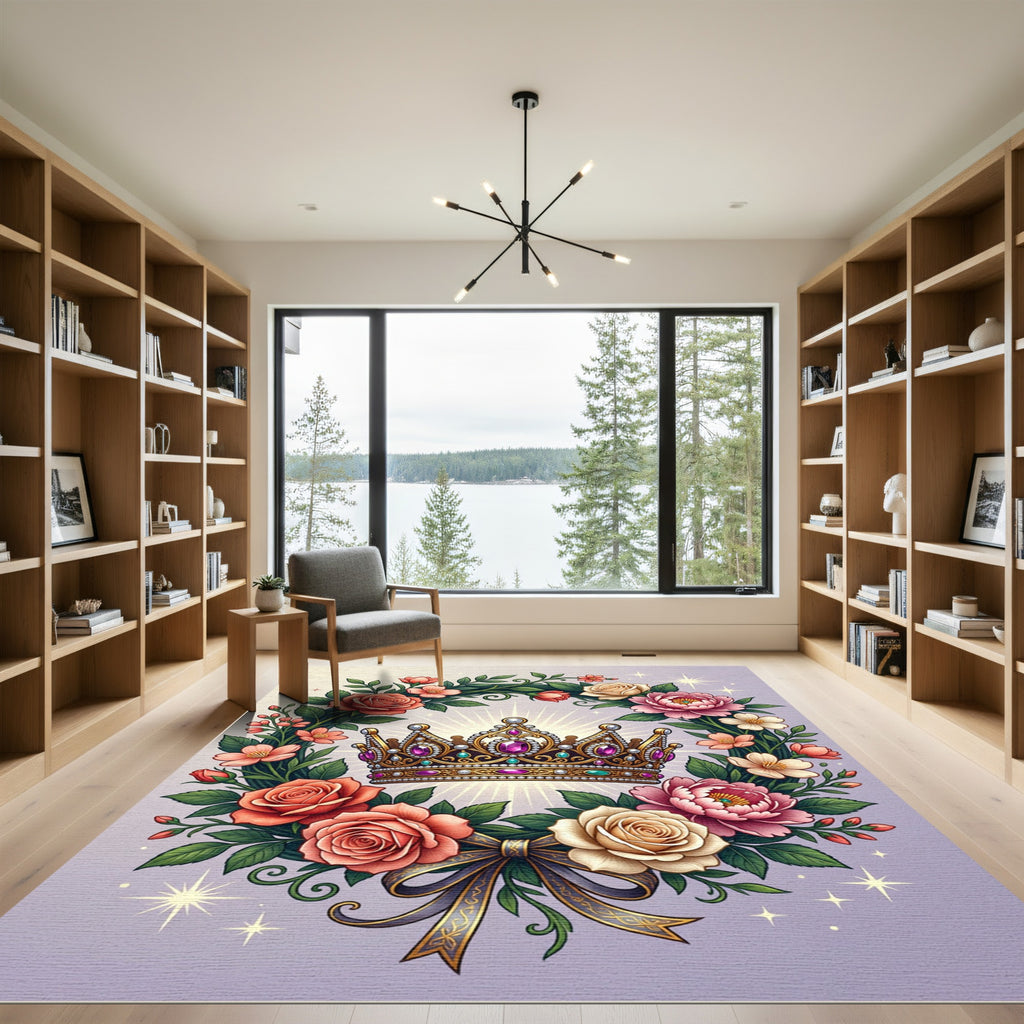 Golden Royal Crown Floral Wreath Rug