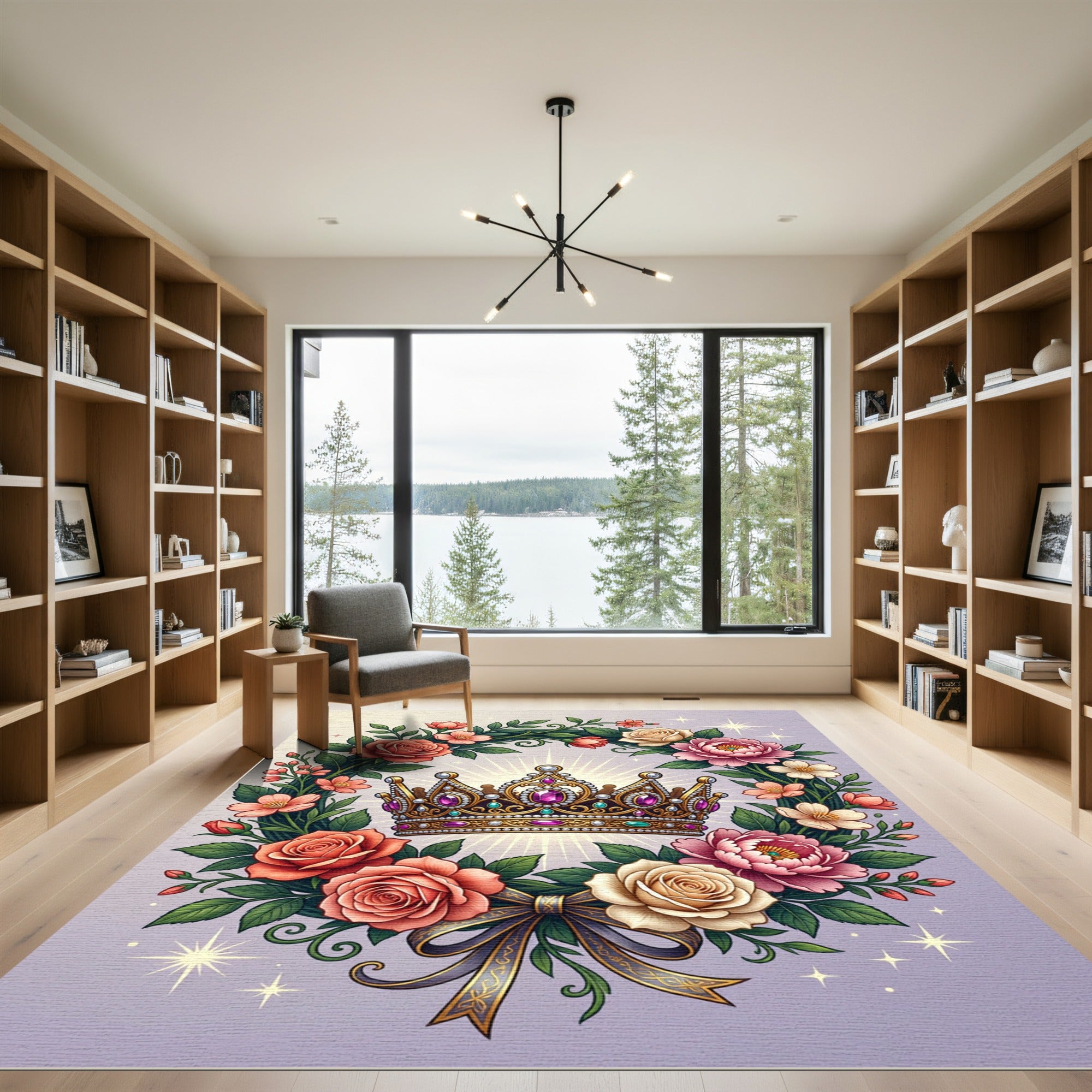 Golden Royal Crown Floral Wreath Rug