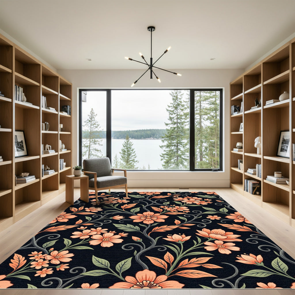 Elegant Peach Floral Swirl Damask Rug