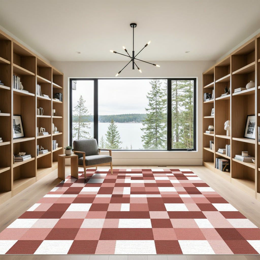 Terracotta White Block Check Rug