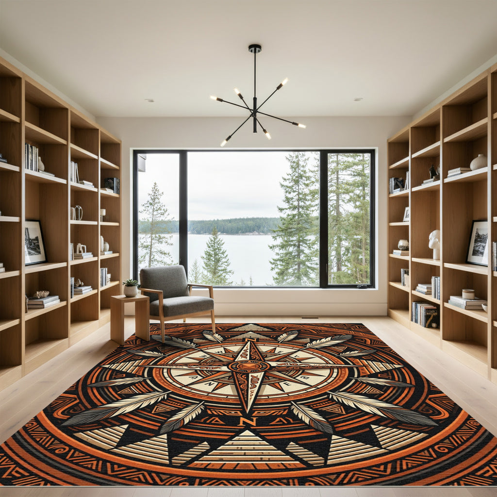Earthy Amber Geometric Compass Feather Medallion Rug