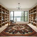 Earthy Amber Geometric Compass Feather Medallion Rug