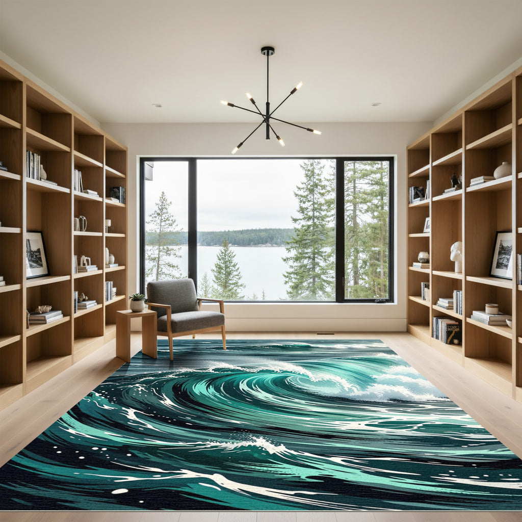 Dynamic Turquoise Ocean Wave Accent Rug