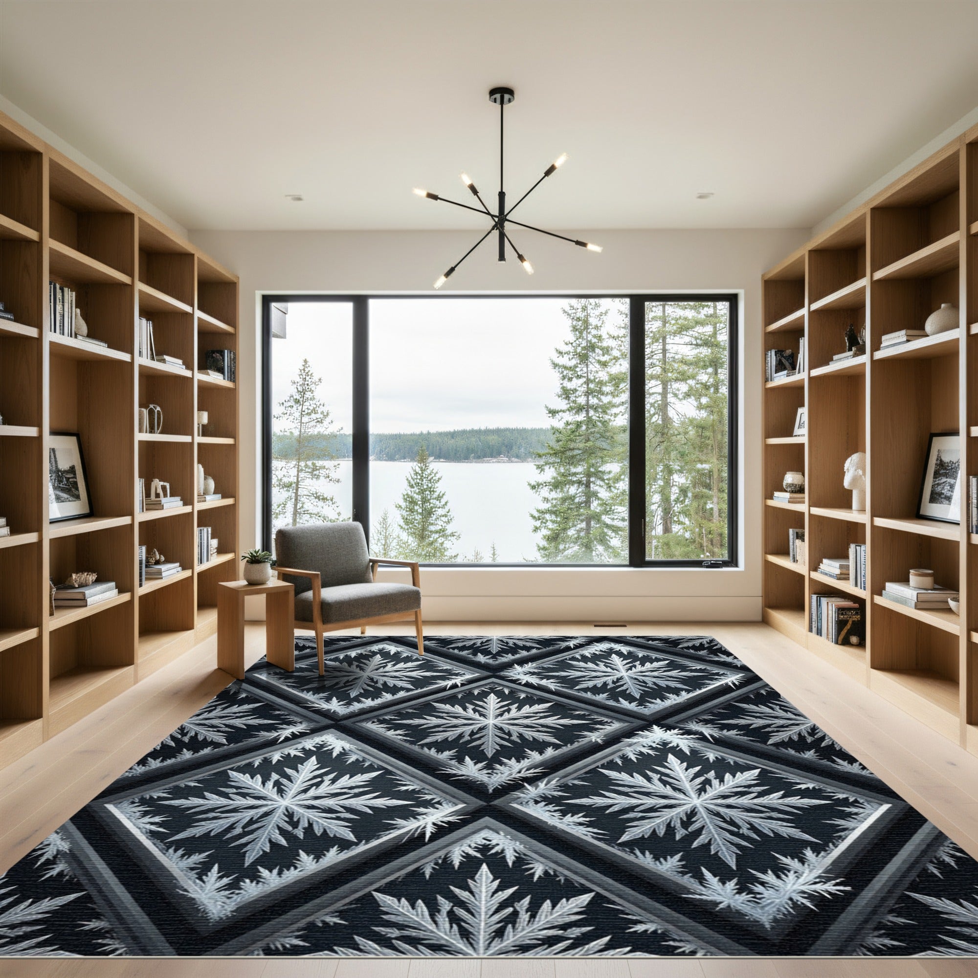 Elegant Silver Snowflake Geometric Grid Rug