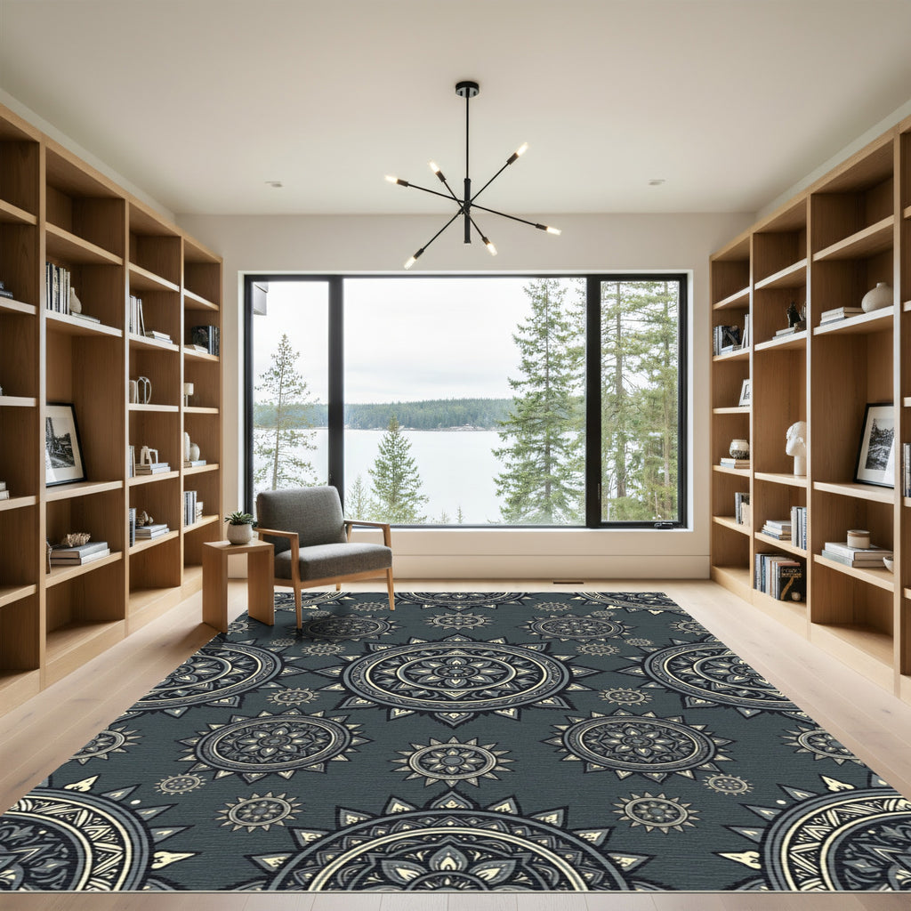 Charcoal Gray Celestial Mandala Medallion Rug