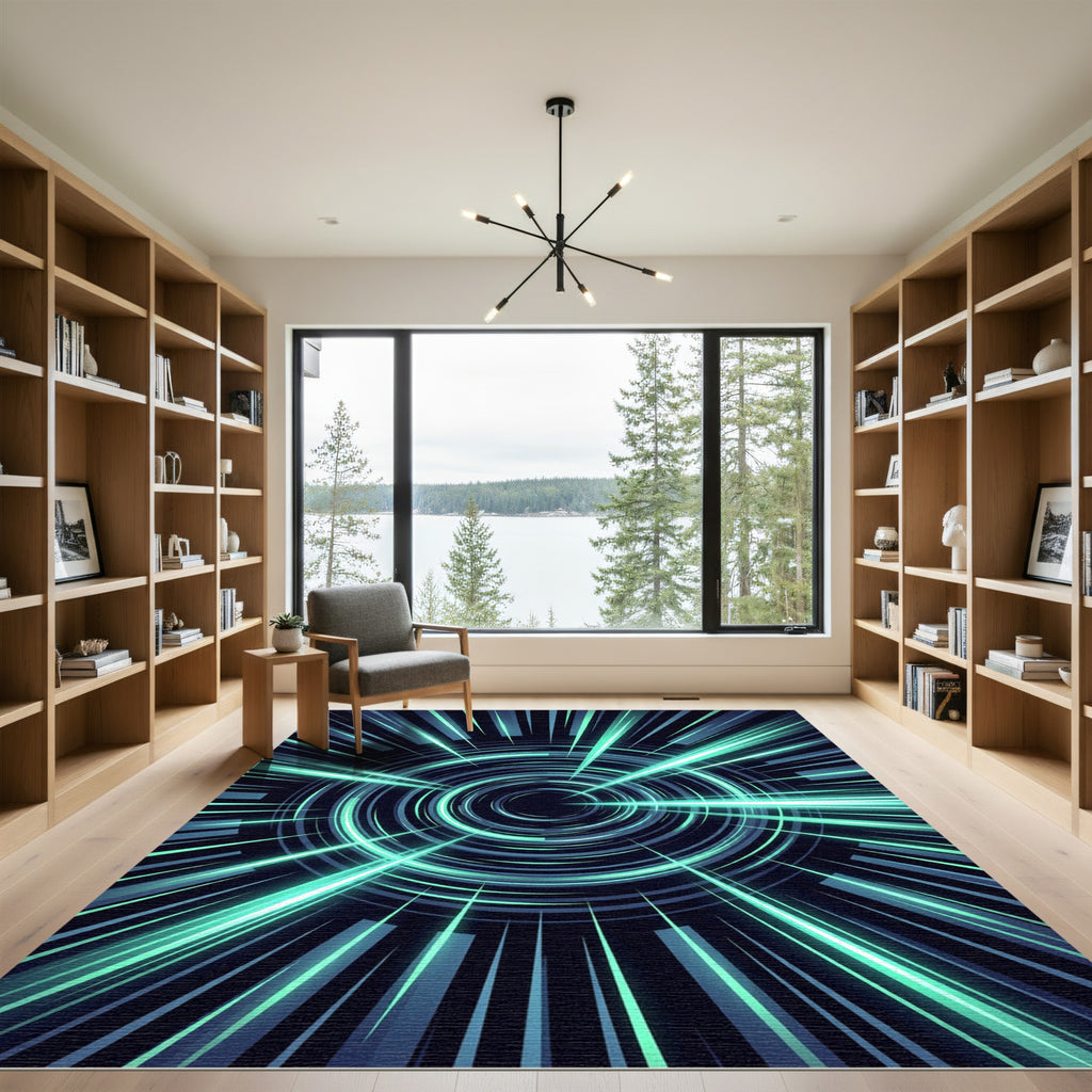 Luminous Cyan Cosmic Vortex Radiating Rug