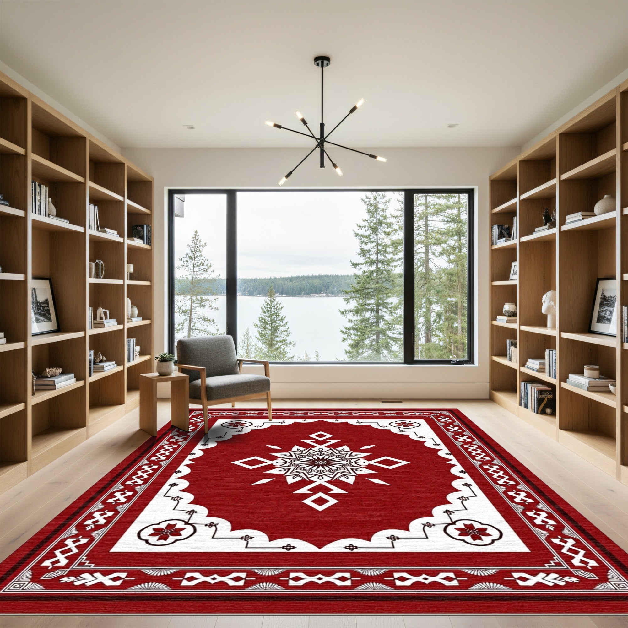 Crimson Red Floral Medallion Border Rug