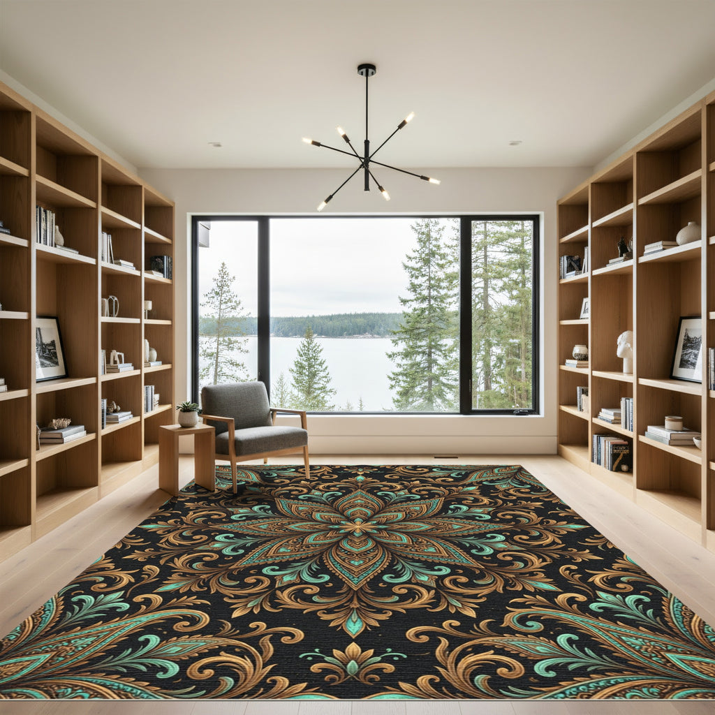 Ornate Teal and Bronze Floral Medallion Rug