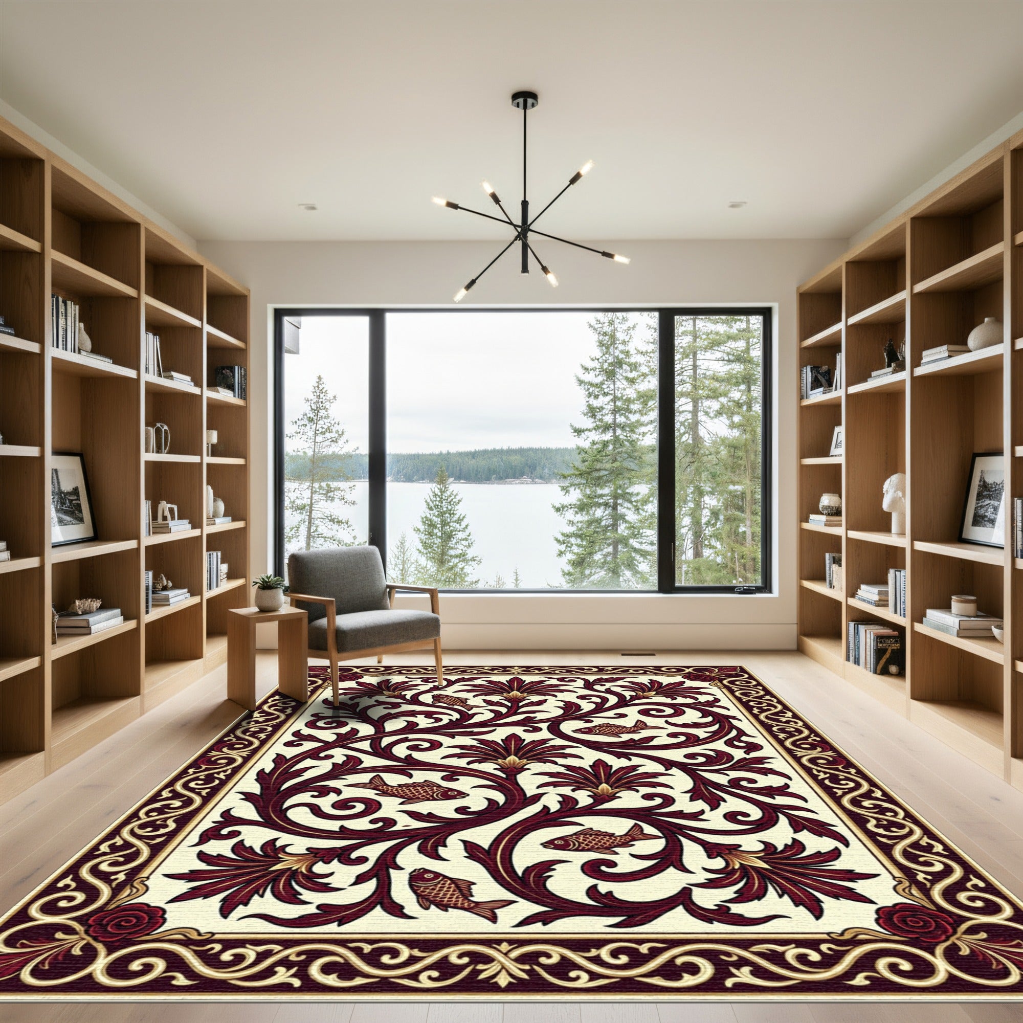 Crimson Floral Fish Vine Border Rug